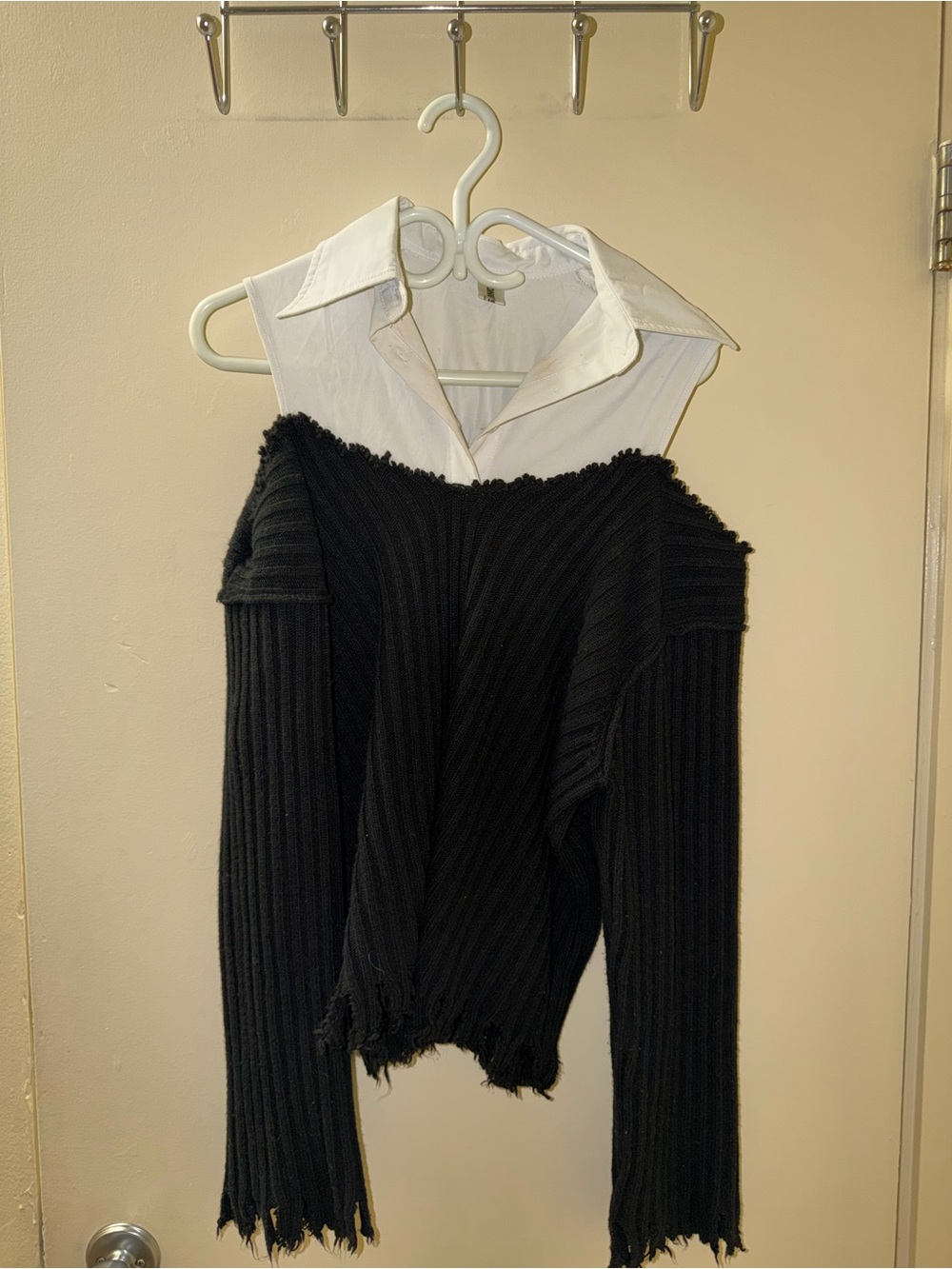 Black Off-Shoulder Ribbed Sweater with Attached White Collar
